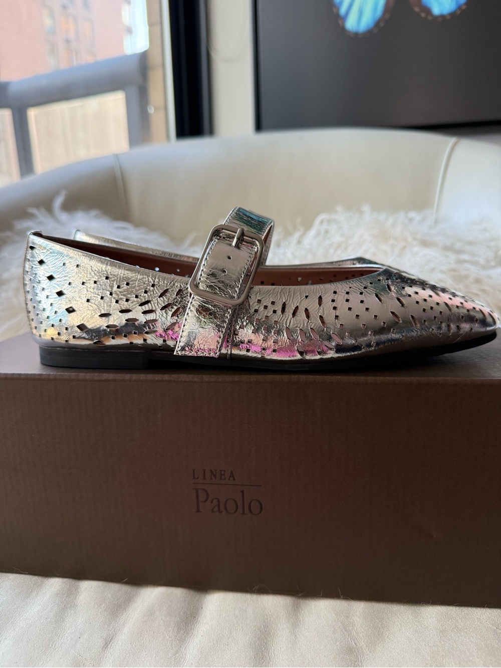 NIB, Ret. $130, Linea Paolo Miller Laser Cut Black Leather Mary Jane Flats | 6.5